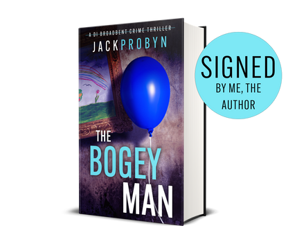 Book cover for The Bogeyman, a DI Broadbent crime thriller by Jack Probyn. A single, vibrant blue balloon on a string floats in front of a dark, grimy wall next to a framed child's drawing of a rainbow and flowers.