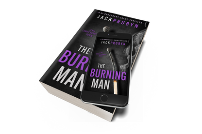 Book cover for The Burning Man, a DI Broadbent crime thriller by Jack Probyn. The cover depicts a single, long matchstick that has been partially burned, with a small flame at the bottom and wisps of grey smoke rising against a dark, slate-grey background