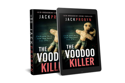 Book cover for The Voodoo Killer, a DI Broadbent crime thriller by Jack Probyn. The image features a weathered, hand-stitched voodoo doll with button eyes and red-tipped pins stuck into its limbs against a dark, textured background