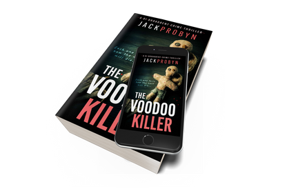 Book cover for The Voodoo Killer, a DI Broadbent crime thriller by Jack Probyn. The image features a weathered, hand-stitched voodoo doll with button eyes and red-tipped pins stuck into its limbs against a dark, textured background