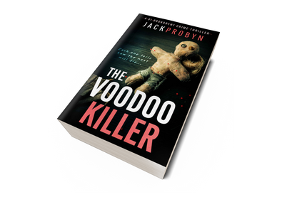Book cover for The Voodoo Killer, a DI Broadbent crime thriller by Jack Probyn. The image features a weathered, hand-stitched voodoo doll with button eyes and red-tipped pins stuck into its limbs against a dark, textured background