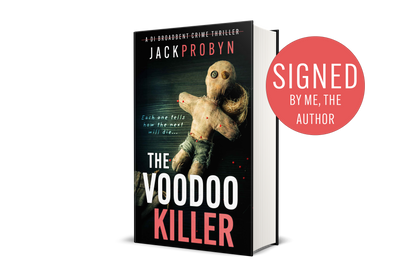 Book cover for The Voodoo Killer, a DI Broadbent crime thriller by Jack Probyn. The image features a weathered, hand-stitched voodoo doll with button eyes and red-tipped pins stuck into its limbs against a dark, textured background