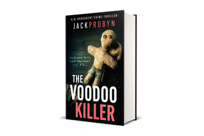 Book cover for The Voodoo Killer, a DI Broadbent crime thriller by Jack Probyn. The image features a weathered, hand-stitched voodoo doll with button eyes and red-tipped pins stuck into its limbs against a dark, textured background