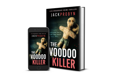 Book cover for The Voodoo Killer, a DI Broadbent crime thriller by Jack Probyn. The image features a weathered, hand-stitched voodoo doll with button eyes and red-tipped pins stuck into its limbs against a dark, textured background