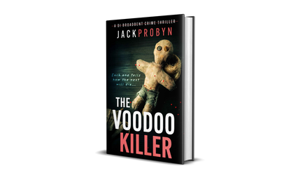 Book cover for The Voodoo Killer, a DI Broadbent crime thriller by Jack Probyn. The image features a weathered, hand-stitched voodoo doll with button eyes and red-tipped pins stuck into its limbs against a dark, textured background